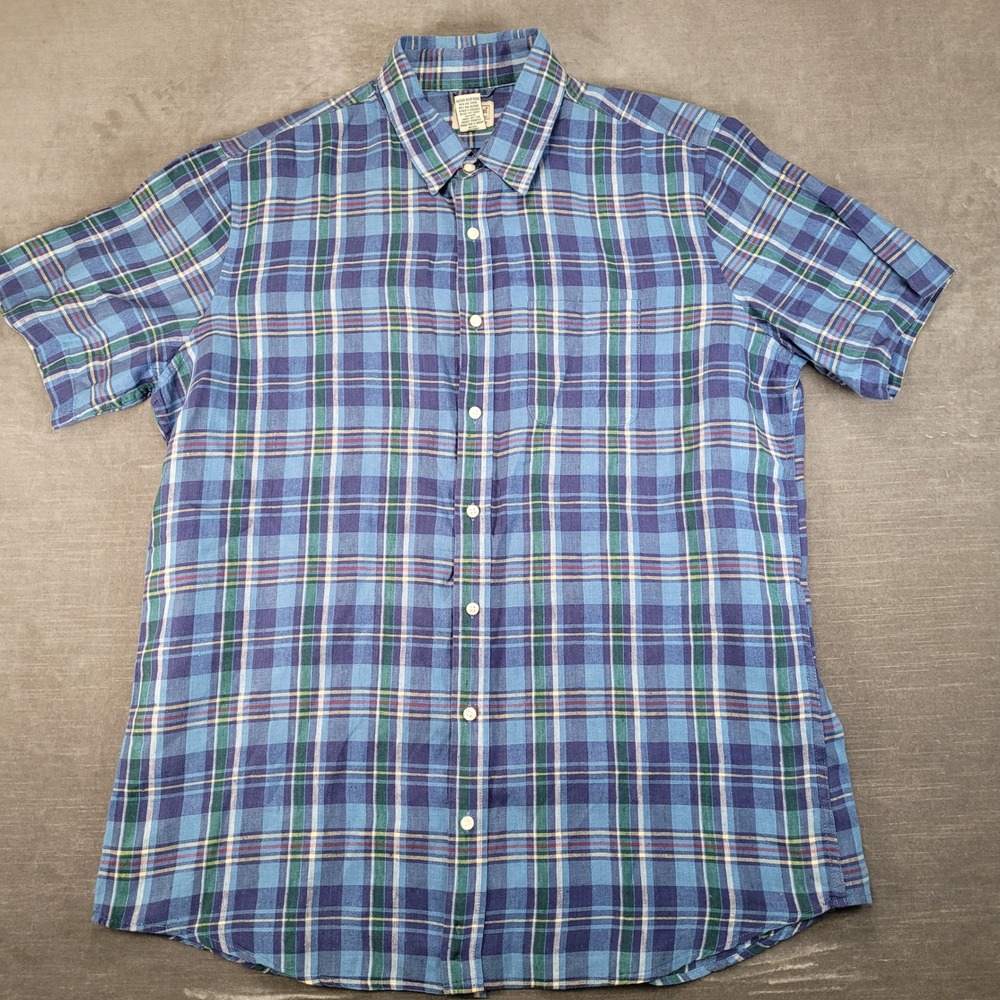 LL Bean Mens XL Tall 100% Linen Shirt Short Sleeve Blue Plaid Slightly Fitted